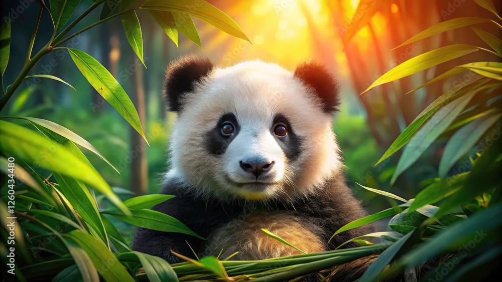 Panoramic view: a serene baby panda in a lush bamboo forest, a wildlife sanctuary's charm. Panoramic view: a serene baby panda in a lush bamboo forest, a wildlife sanctuary's charm.