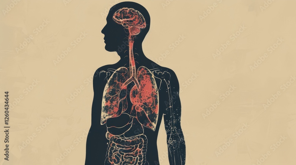 A stylized anatomical illustration showcasing human internal organs and the brain, viewed from a profile perspective on a textured beige background. AI generated.