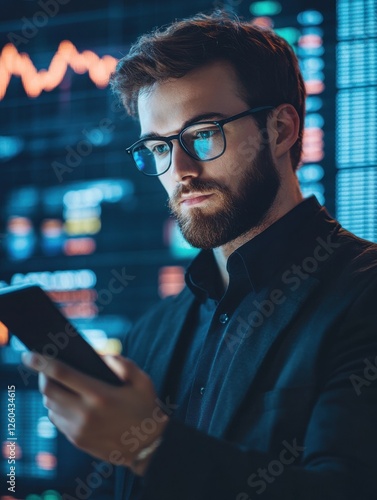 Male trader investor broker crypto analyst holding smartphone in hand analyzing stock market trading charts indexes data checking price using mobile stockmarket exchange app, over shoulder view.