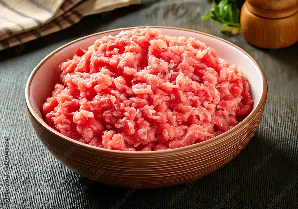 A bowl of fresh minced chicken meat on the table A bowl of fresh minced chicken meat on the table