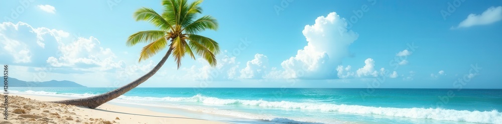 Fototapeta premium Lone palm tree leans over tranquil ocean waves, sandy beach , landscape, serene