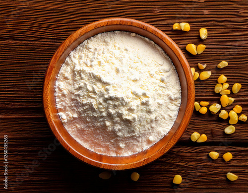 A bowl of cornstarch with corn kernels on a wooden table, top view. photo