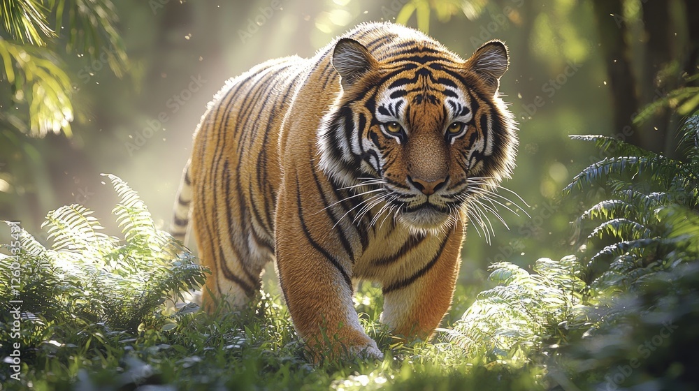 Majestic Tiger Walking Through Lush Green Forest