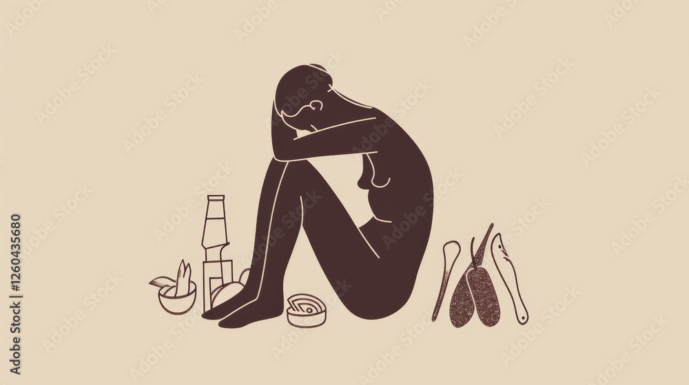 Minimalist illustration of a seated person in silhouette style surrounded by food items, evoking simplicity and introspection. AI generated.