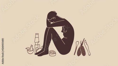 Obraz na płótnie Minimalist illustration of a seated person in silhouette style surrounded by food items, evoking simplicity and introspection. AI generated. w salonie