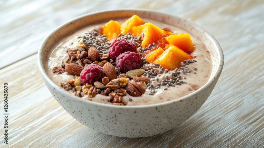 A bowl with fruits, nuts, and seeds for a nutritious breakfast A bowl with fruits, nuts, and seeds for a nutritious breakfast