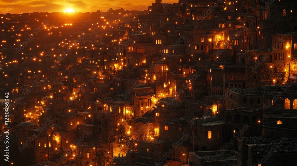 Fototapeta premium The ancient city of Mardin in Turkey glows beautifully at sunset.