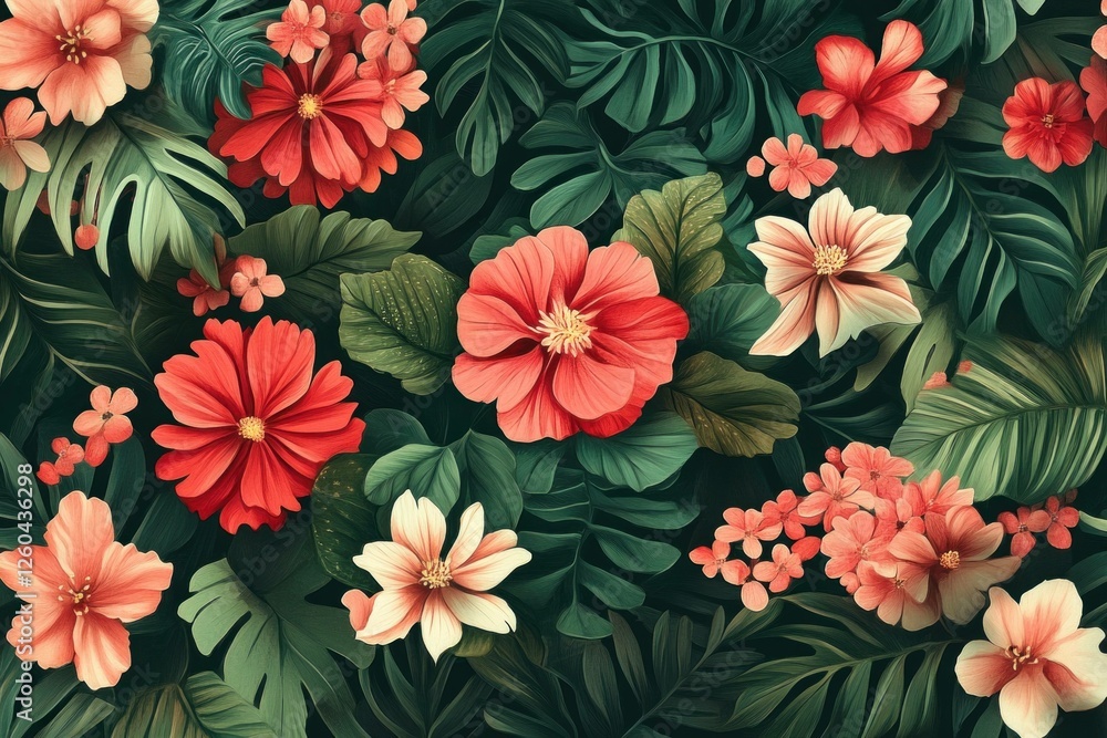 Vibrant Floral Pattern Featuring Exotic Flowers and Lush Green Foliage for Decorative Use Vibrant Floral Pattern Featuring Exotic Flowers and Lush Green Foliage for Decorative Use