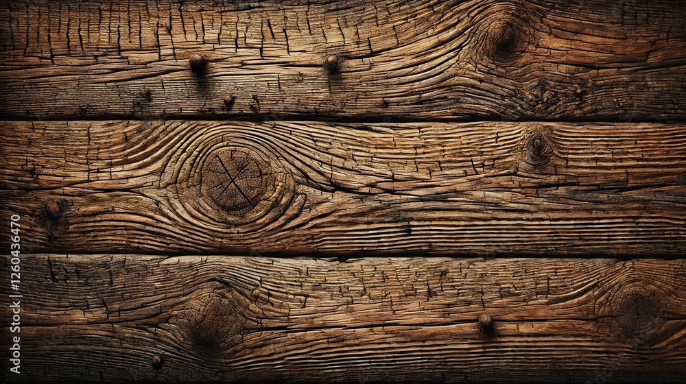 Fototapeta premium Close-up of a rustic wooden texture with rich details, natural cracks, and warm earthy tones.