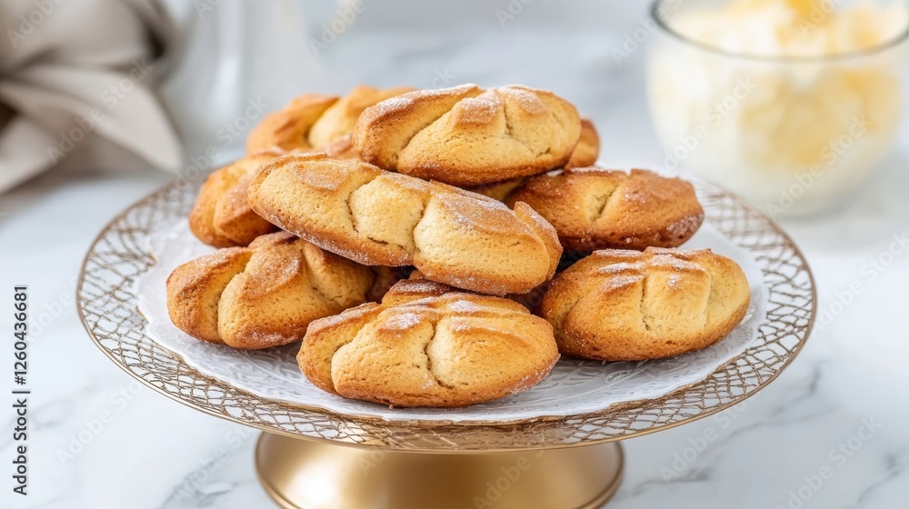 Delicious homemade biscotti displayed on an elegant cake stand surrounded by light, inviting atmosphere Delicious homemade biscotti displayed on an elegant cake stand surrounded by light, inviting atmosphere