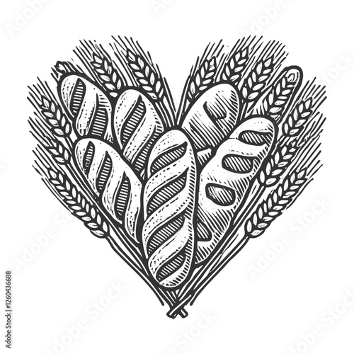 heart made of bread baguettes and wheat stalks, symbolizing love for baking, and natural grains sketch engraving generative ai vector illustration. Scratch board imitation. Black and white image.