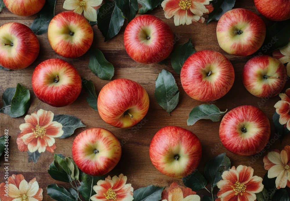 Fresh Red Apples Surrounded by Colorful Flowers and Green Leaves on a Wooden Surface for a Vibrant Natural Composition Fresh Red Apples Surrounded by Colorful Flowers and Green Leaves on a Wooden Surface for a Vibrant Natural Composition