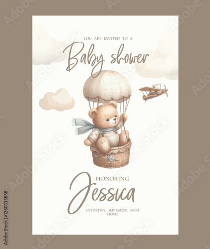 Watercolor baby shower invitation. Greeting card with teddy bear on Hot Air Balloon.