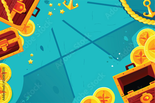Design a vibrant vector illustration of a treasure chest overflowing with gleaming gold coins, incorporating creative design elements and rich textures.
