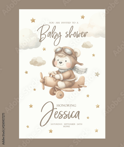 Watercolor invitation card for baby shower with a pilot bear on an airplane.