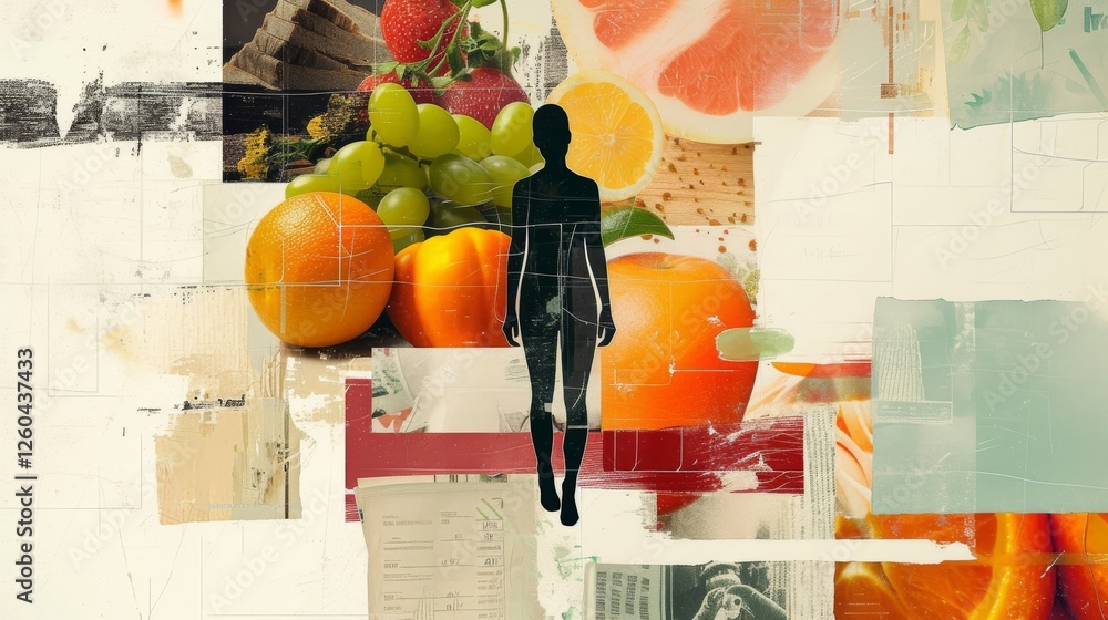 A bold abstract artwork blending a silhouette of a woman with vivid fruits like oranges and grapes. The textured layers create a striking, contemporary visual. AI generated.