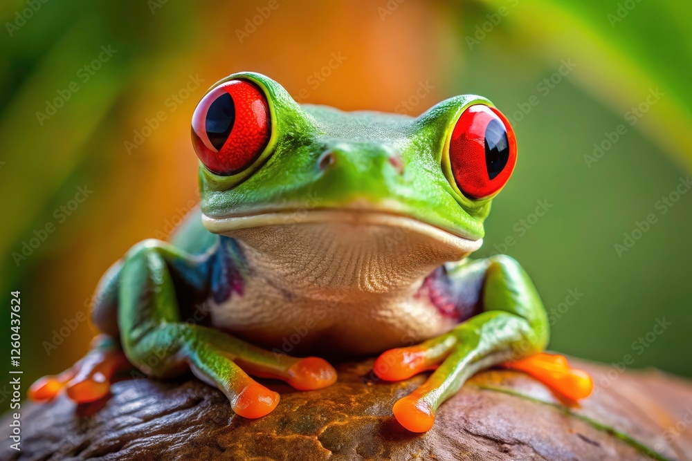 Fototapeta premium Rainforest amphibian, striking red eyes, vibrant green. Minimalist frog portrait.