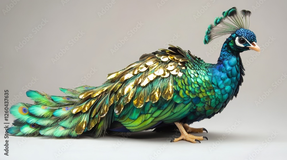 Fototapeta premium The Spalding Cameo Peacock is a beautiful breed known for its colorful feathers. It has shiny green, blue, and gold feathers.