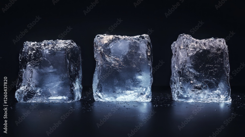 Obraz premium Three ice cubes on dark surface, studio shot, cold drink concept