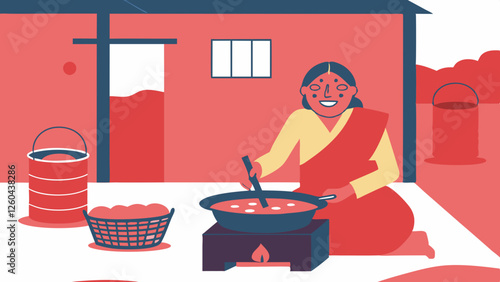 Rural Indian Woman cooking food in the Kitchen using a firewood stove, Women empowerment, strong and happy woemn.
