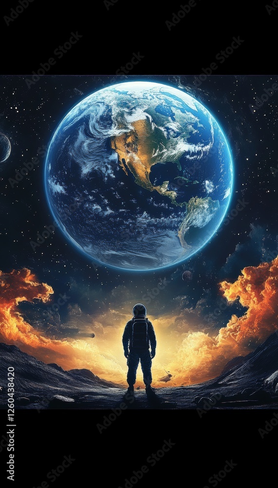 Obraz premium Astronaut Looking at Earth from the Moon, Concept of Space Exploration and Human Achievement