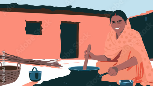 Rural Indian Woman cooking food in the Kitchen using a firewood stove, Women empowerment, strong and happy woemn.
