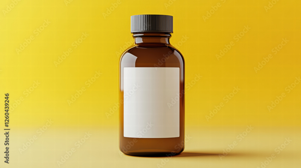 brown glass bottle with blank label, set against bright yellow background, ideal for health products or medicine brown glass bottle with blank label, set against bright yellow background, ideal for health products or medicine