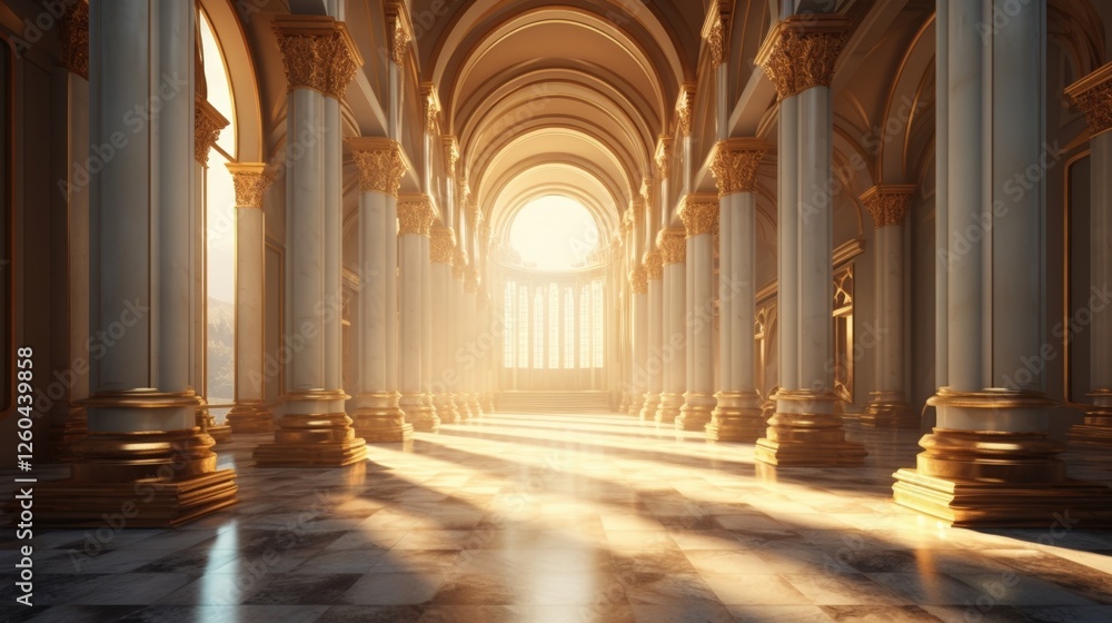 Majestic golden corridor featuring intricate architecture and sunlight illuminating the marble floors, evoking a sense of grandeur and tranquility in a serene environment, Grand Hall of a Gilded Palac Majestic golden corridor featuring intricate architecture and sunlight illuminating the marble floors, evoking a sense of grandeur and tranquility in a serene environment, Grand Hall of a Gilded Palac