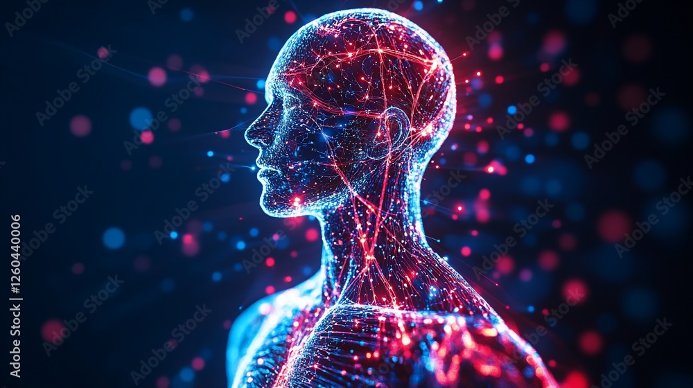 A glowing human silhouette showcasing a network of vibrant red and blue connections A glowing human silhouette showcasing a network of vibrant red and blue connections