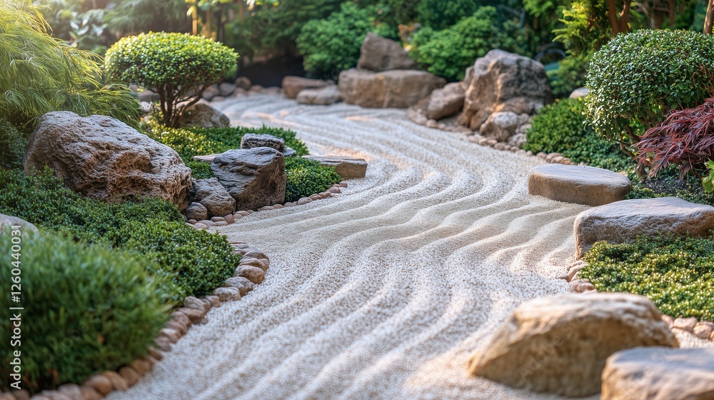 Fototapeta premium Tranquil Rock Garden with Curved Sand Patterns – Ideal for Luxury & Eco-Friendly Campaigns