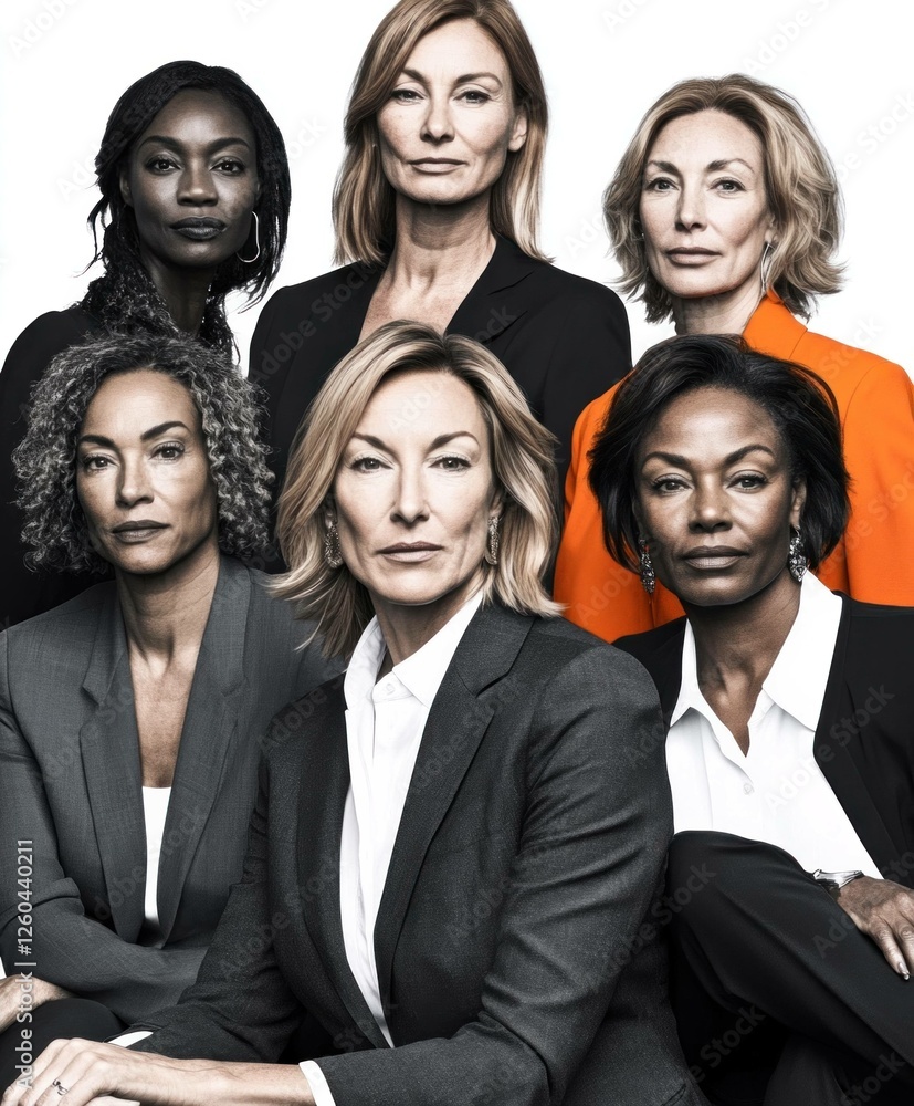 Diverse group of confident women in business attire showcasing empowerment and leadership, featuring various hairstyles and an orange accent, perfect for corporate themes Diverse group of confident women in business attire showcasing empowerment and leadership, featuring various hairstyles and an orange accent, perfect for corporate themes