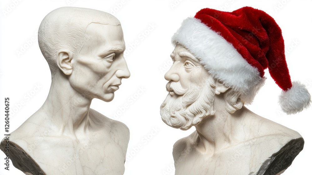 Obraz premium Unconventional Holiday Spirit in Art with Busts Wearing Santa Hat and Artistic Expressions of Emotion