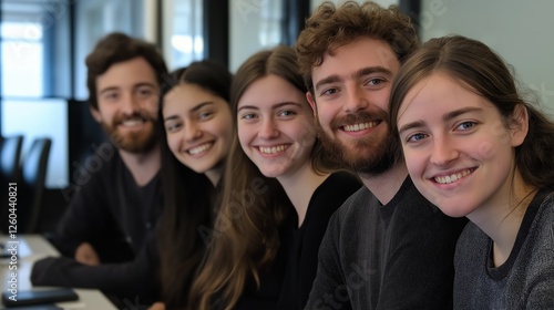 Group of five young people, two men and three women, sitting together and smiling at the camera. they appear to be in a modern office or conference room with large windows in the background.