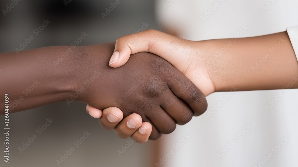 Two people shaking hands. the person on the left is african-american and the person in the middle is caucasian. both hands are facing each other and their fingers are slightly curled. Two people shaking hands. the person on the left is african-american and the person in the middle is caucasian. both hands are facing each other and their fingers are slightly curled.