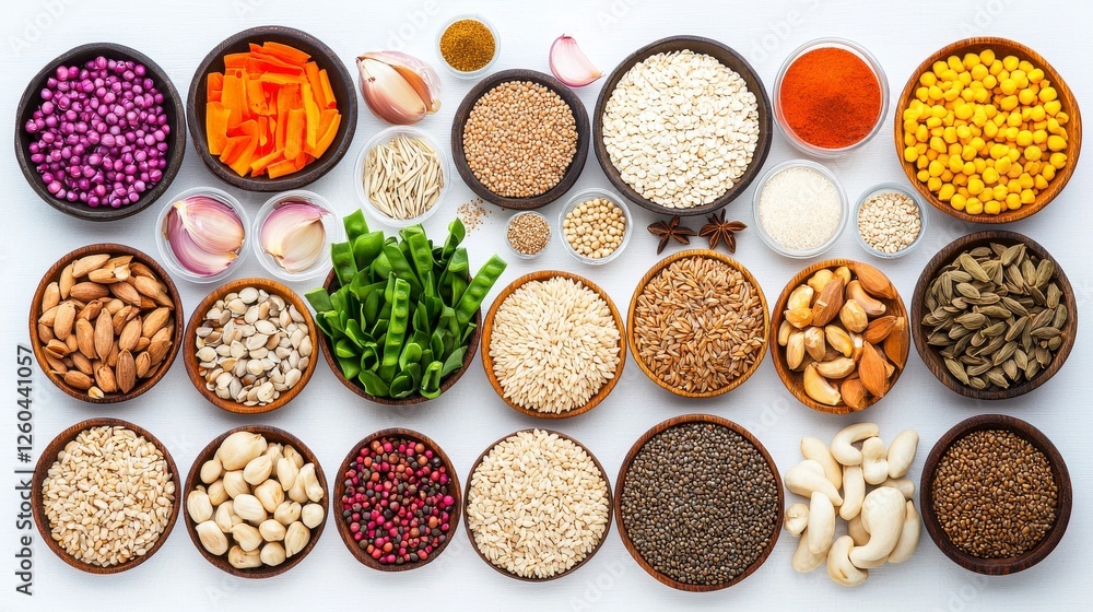 Fresh Ingredients Arrangement with Colorful Spices, Nuts, and Pulses for Culinary Creations and Recipe Inspiration Fresh Ingredients Arrangement with Colorful Spices, Nuts, and Pulses for Culinary Creations and Recipe Inspiration
