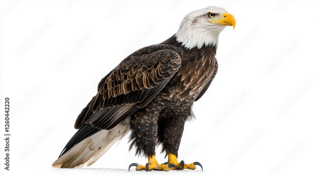 Obraz premium Majestic Bald Eagle Standing Proudly with Sharp Talons and Striking Yellow Beak on Clean White Background