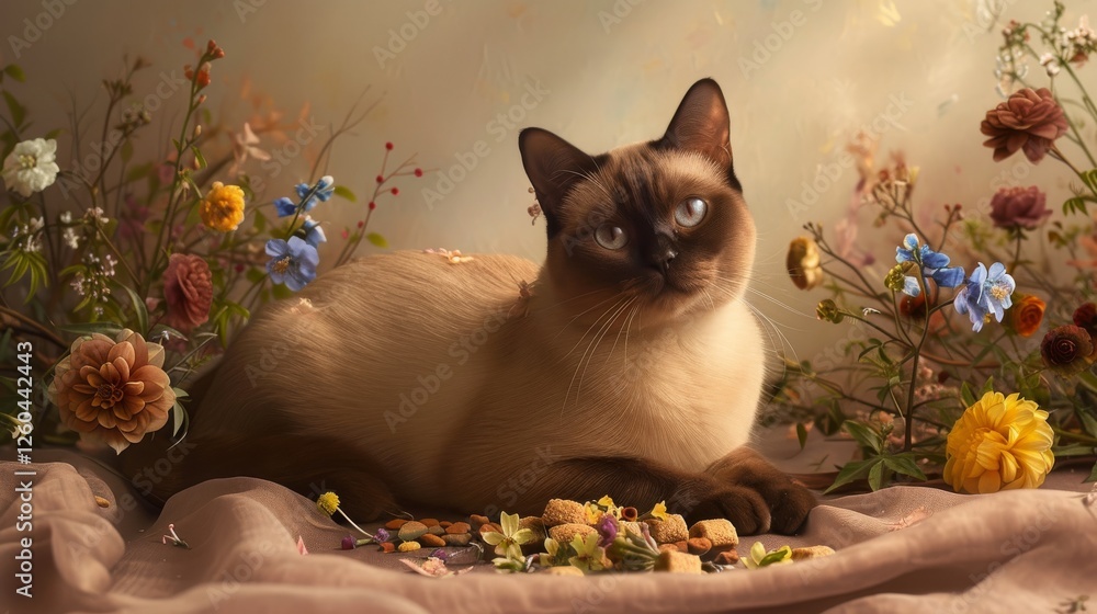 A poised Siamese cat lounging among vibrant flowers, creating a serene and artistic setting with soft lighting. Perfect for themes of nature and pets. AI generated.