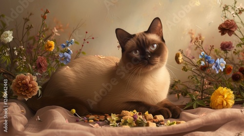 Obraz na płótnie A poised Siamese cat lounging among vibrant flowers, creating a serene and artistic setting with soft lighting. Perfect for themes of nature and pets. AI generated. w salonie
