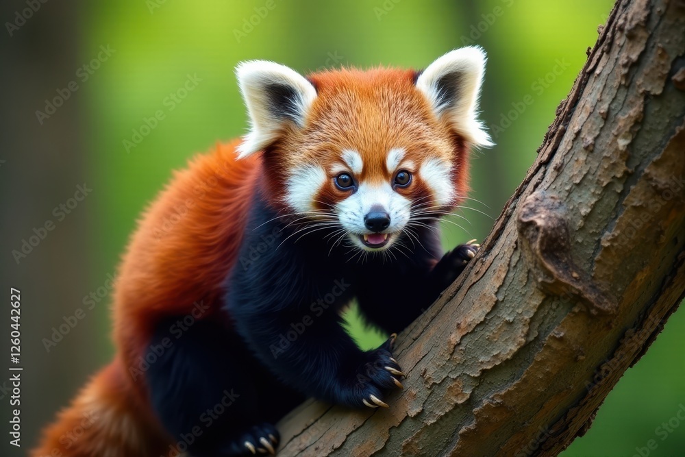 Red panda ascends tree trunk, claws gripping bark, mammal, arboreal mammal, cute Red panda ascends tree trunk, claws gripping bark, mammal, arboreal mammal, cute