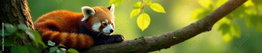 Obraz premium Red panda resting in tree, sunlight dappling fur, exotic, nature photography, furry
