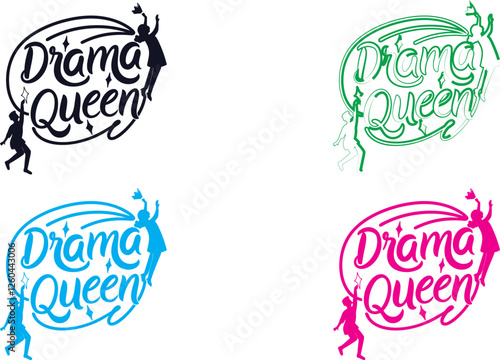 Hand-drawn text, graffiti style lettering, "Drama Queen" phrase, multiple color variations, simple typography, sketchy font, bold letters, repeating pattern, white background, square layout, four quad