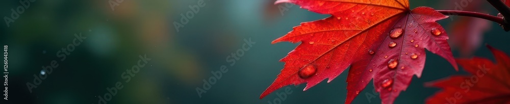 Fototapeta premium Crimson maple leaf, glistening raindrops cling , orange, glossy