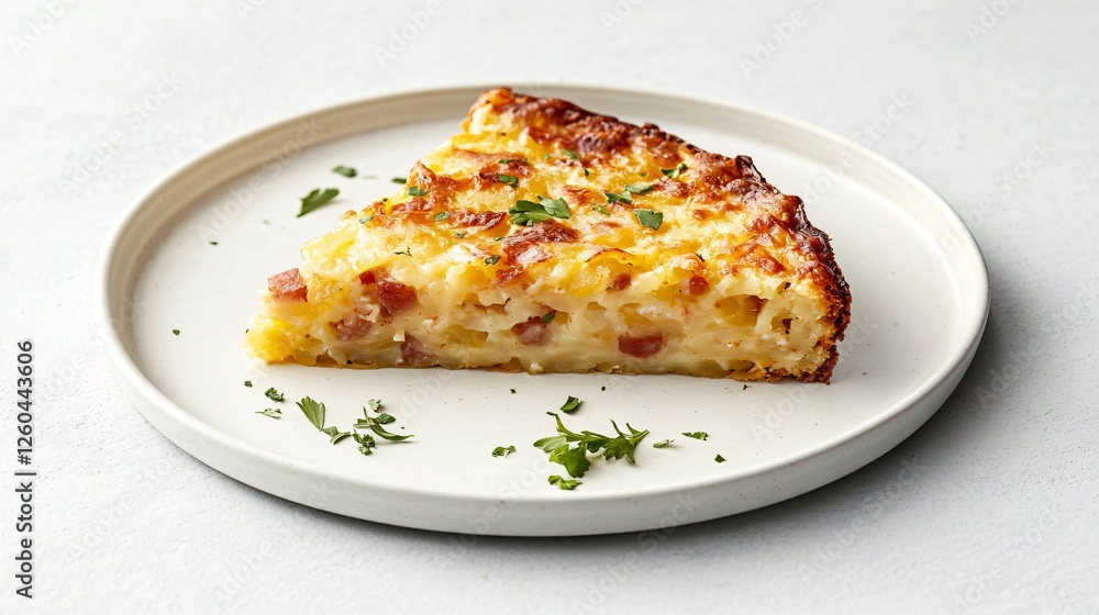 A single slice of hash brown casserole served on a white ceramic plate, garnished with fresh herbs, against a light gray background A single slice of hash brown casserole served on a white ceramic plate, garnished with fresh herbs, against a light gray background