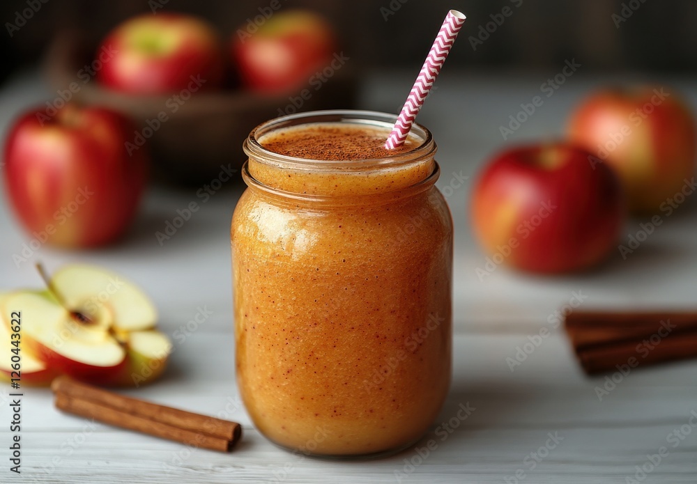 Freshly Blended Apple Smoothie in a Jar Surrounded by Red Apples and Cinnamon Sticks with a Straw on a Rustic Wooden Table Background Freshly Blended Apple Smoothie in a Jar Surrounded by Red Apples and Cinnamon Sticks with a Straw on a Rustic Wooden Table Background