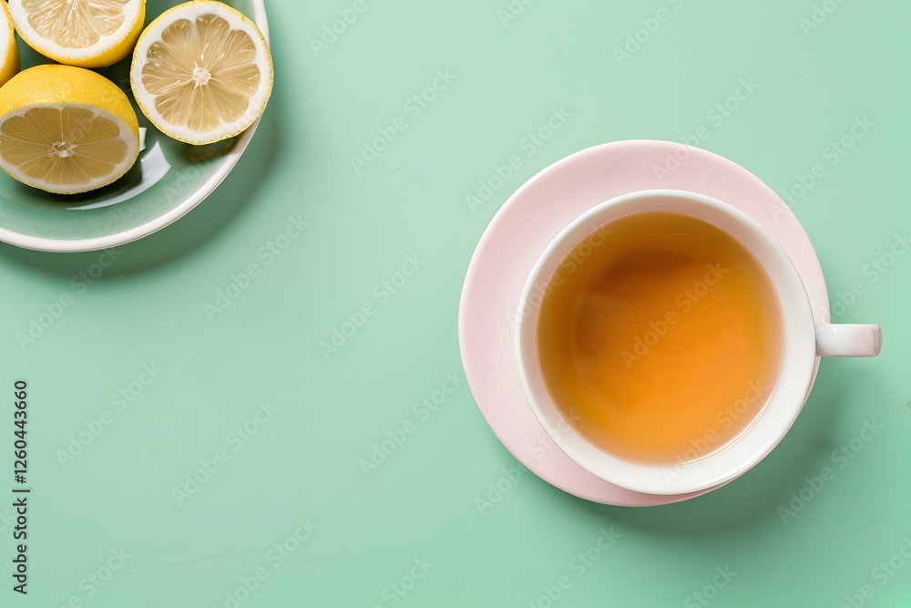 Aromatic mint tea in a cup with slice of lemon on a light pastel green background with copy space Aromatic mint tea in a cup with slice of lemon on a light pastel green background with copy space