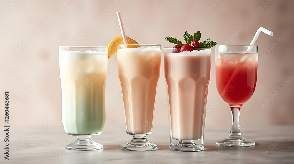 Group of three soft drinks in various glasses with garnish Group of three soft drinks in various glasses with garnish