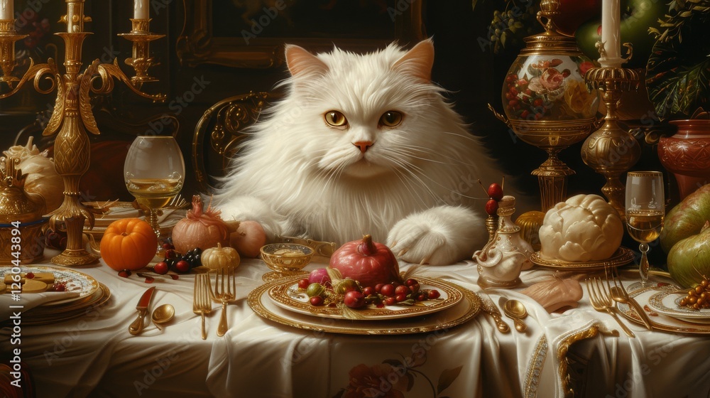 A majestic white cat sitting at a lavishly set dinner table, adorned with golden decor, fruits, and ornate tableware, evoking luxury and whimsy. AI generated.