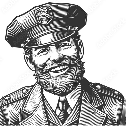 police officer in a classic uniform and hat, evoking a nostalgic and trustworthy vintage aesthetic sketch engraving generative ai vector illustration. Scratch board imitation. Black and white image.
