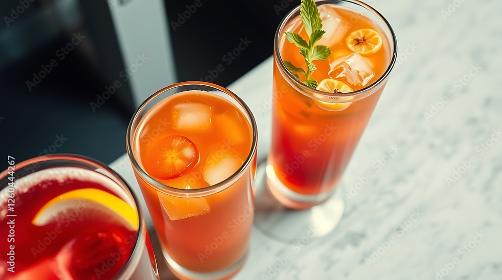 Group of three soft drinks in various glasses with garnish Group of three soft drinks in various glasses with garnish