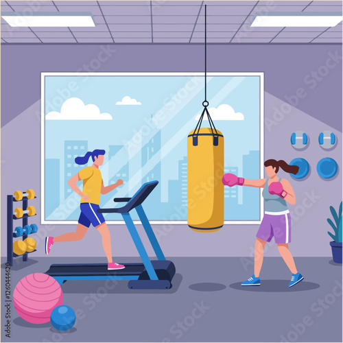 Women Exercising in Gym with Treadmill and Punching Bag Illustration